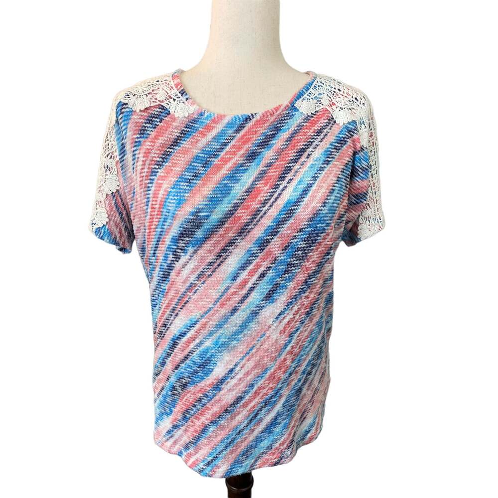 Nurture Short Sleeve Blue and Pink Stripe Sweater Lace Accent Sleeves Size L